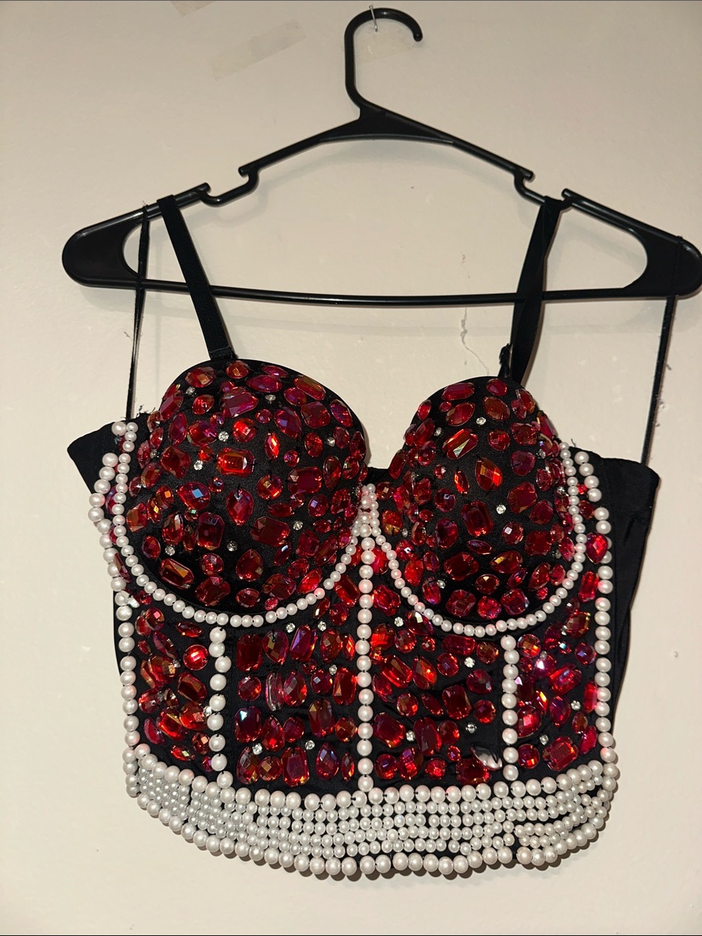 Embellished Red Gem & Pearl Bustier Top - Women